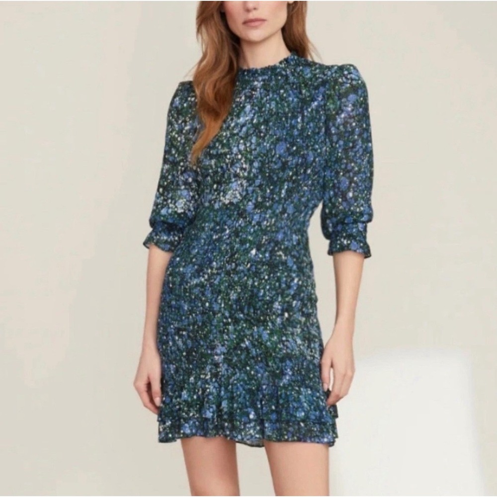 Veronica Beard Farha Mini Dress 10 Blue Green Smocked Botanical Boho